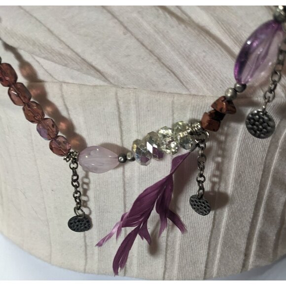 Bohemian Purple And Silver Tone Charm And Feather Beaded Necklace - Picture 8 of 10